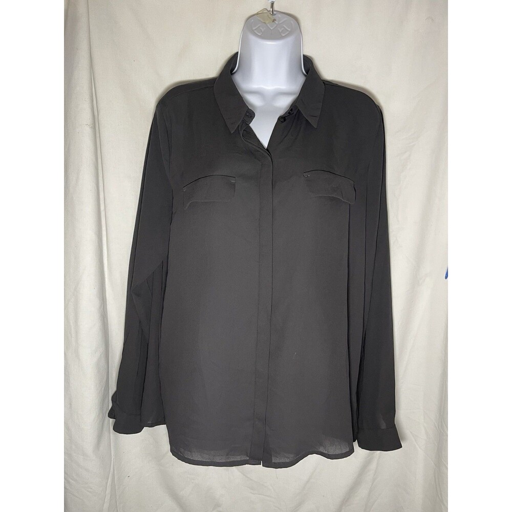 Mango Basics Women's Button Up Shirt Black Long Sleeve Sz L/XL Utility Pocket